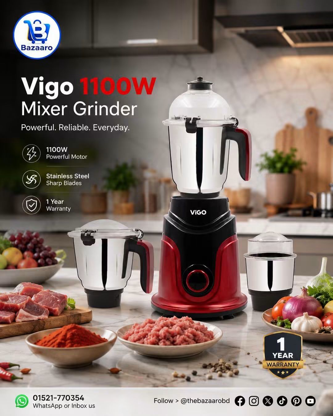 Vigo 1100W Powerful Mixer Grinder