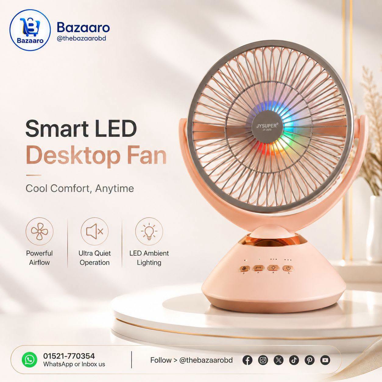 JYSUPER JY-2570 রিচার্জেবল ৮০০০mAh ডেস্ক ফ্যান, এলইডি লাইট সহ, রিচার্জেবল পোর্টেবল টেবিল ফ্যান